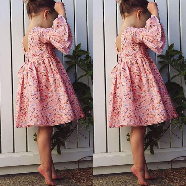 Little Girls Floral Midi Dress Short Sleeve High Waist Flared A-Lined Dress