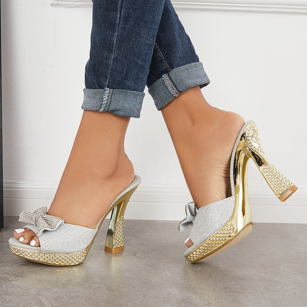 Rhinestone Bowknot Platform Chunky High Heel Mule Sandals