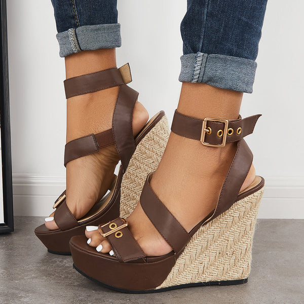 Open Toe Cross Straps Espadrille Platform Wedge Heel Sandals