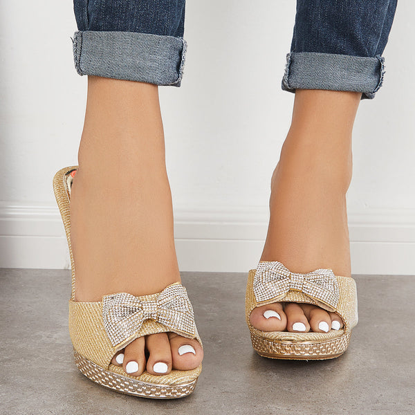 Rhinestone Bowknot Platform Chunky High Heel Mule Sandals
