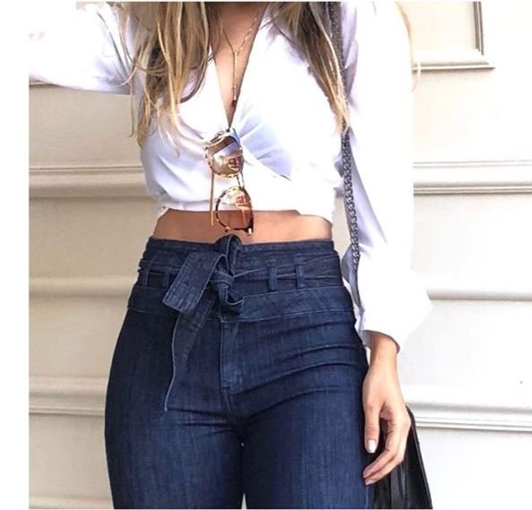Womens High-Waist Belted Bell Jeans