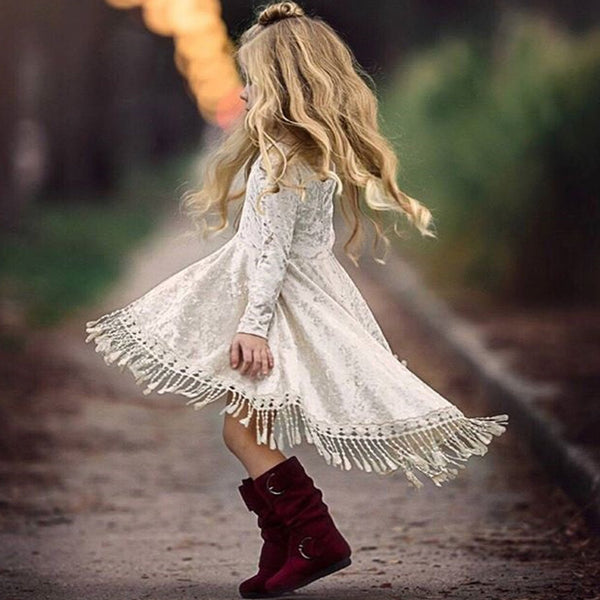 Girls High-low Velvt Tassel Dress Solid Color Party Pageant Dress