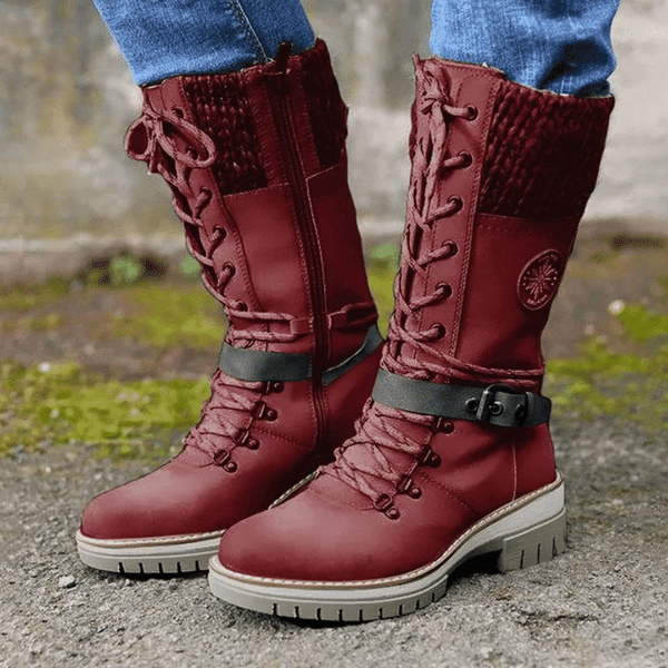 Avery - Women Buckle Lace Knitted Mid-calf Boots