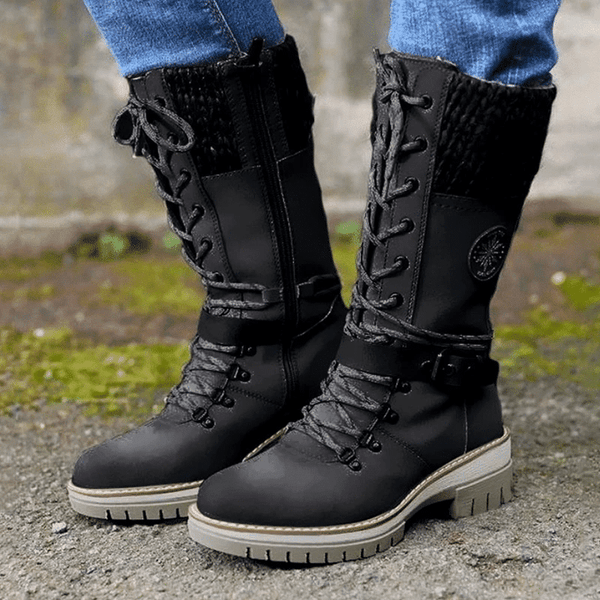 Avery - Women Buckle Lace Knitted Mid-calf Boots