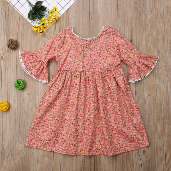 Little Girls Floral Midi Dress Short Sleeve High Waist Flared A-Lined Dress