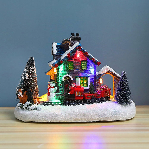 Christmas Snow House Figurines with LED Light Miniature Statue Home Decor
