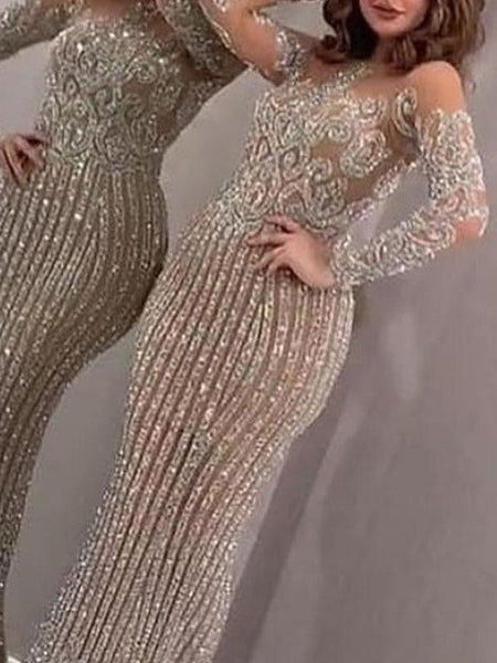 Silver Rhinestone Sheer Bodycon Long Sleeve Elegant Maxi Dress