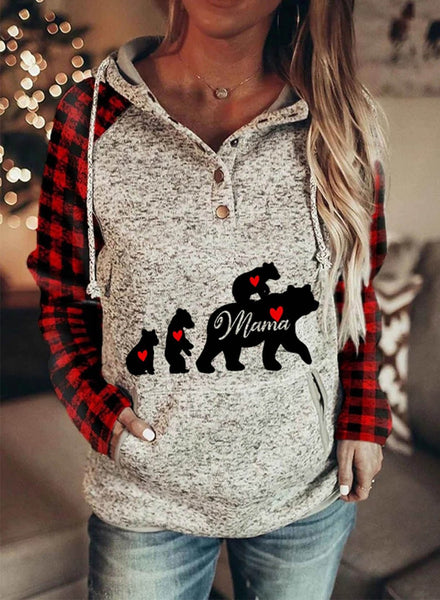 Mama Bear Plaid Hoodies Long SLeeve Button Pocketed Women's Drawstring Hoodies