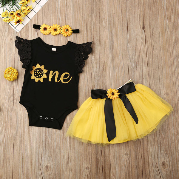 Baby Girl 1st Birthday Outfit Party Dresses Sunflower Romper Tutu Skirt Headwear Full Set