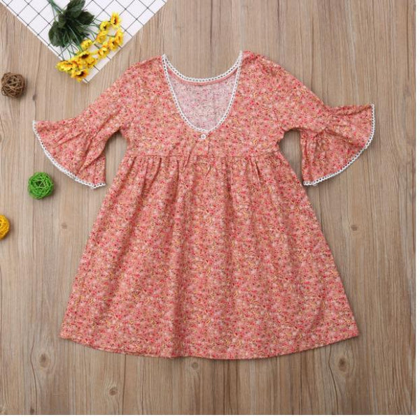 Little Girls Floral Midi Dress Short Sleeve High Waist Flared A-Lined Dress