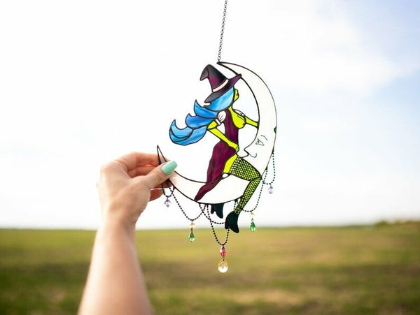 Halloween Witch On Moon Decor Suncatcher Window Hangings