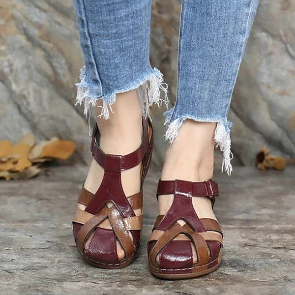 FleekComfy PREMIUM Leather Retro Arch Support Comfy Round Toe Sandals